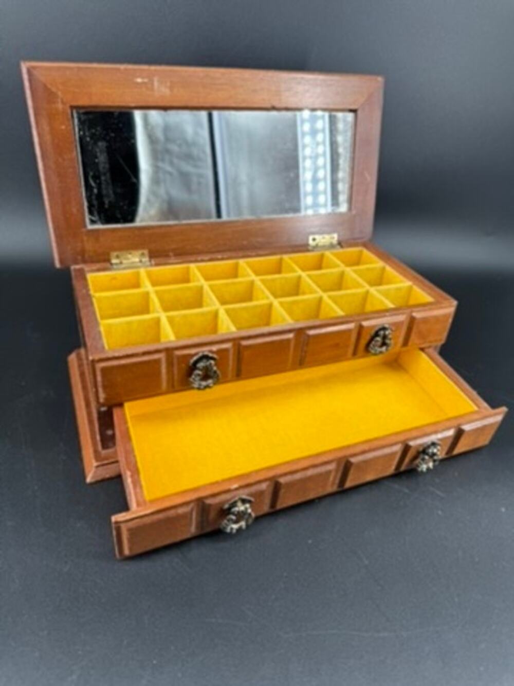 Vintage Price Imports Wood Jewelry Box Mirror Yellow Velvet Apothecary 1970s